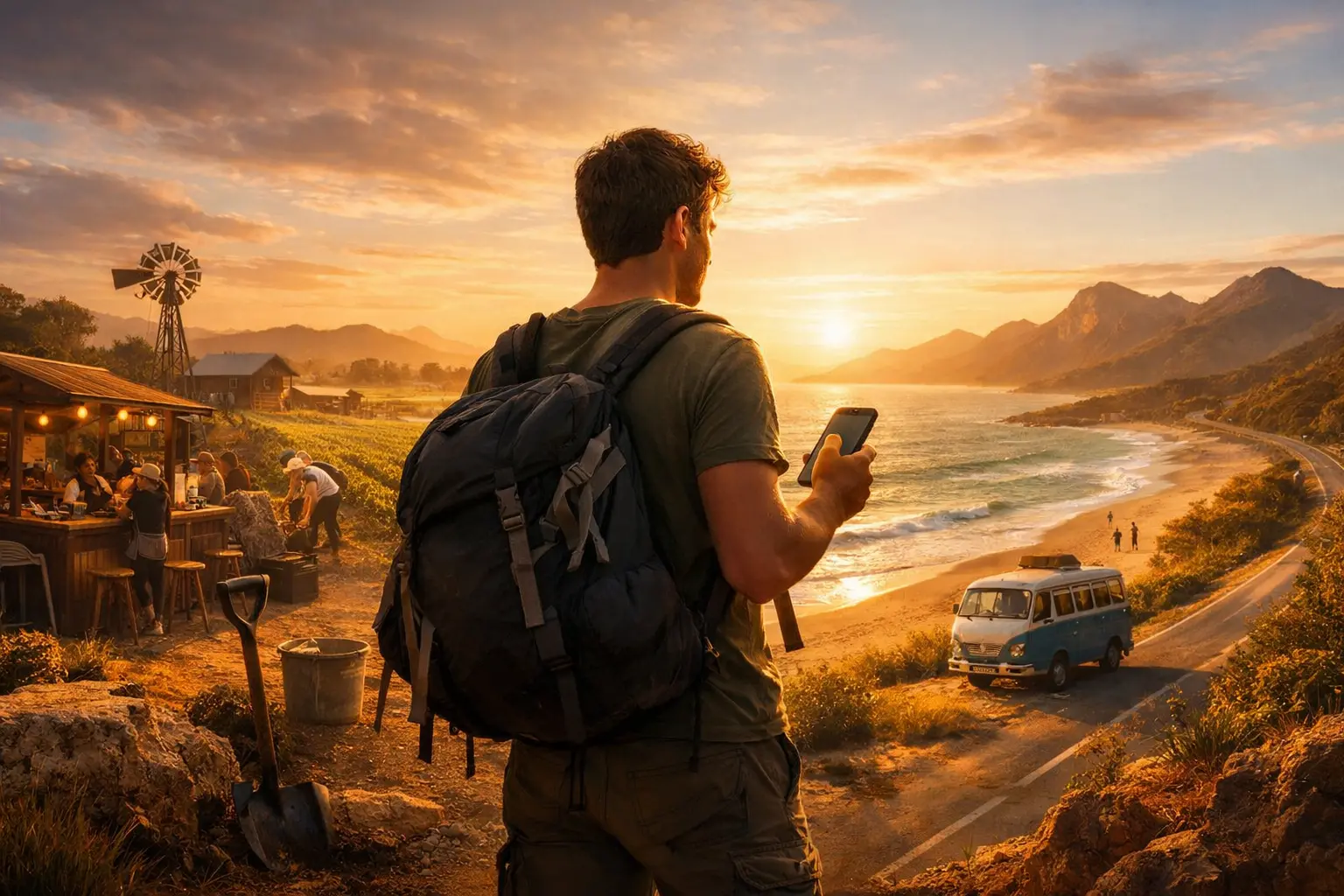 A backpacker standing on a coastal cliff at sunrise in Australia, holding a phone, with split scenes of farm and cafe work on one side and beach travel on the other