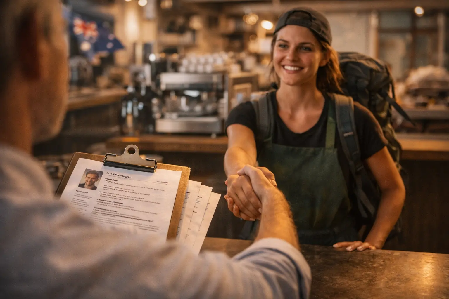Female backpacker shaking hands with employer across a café counter while resumes are reviewed, warm sunlight and Australian setting in background