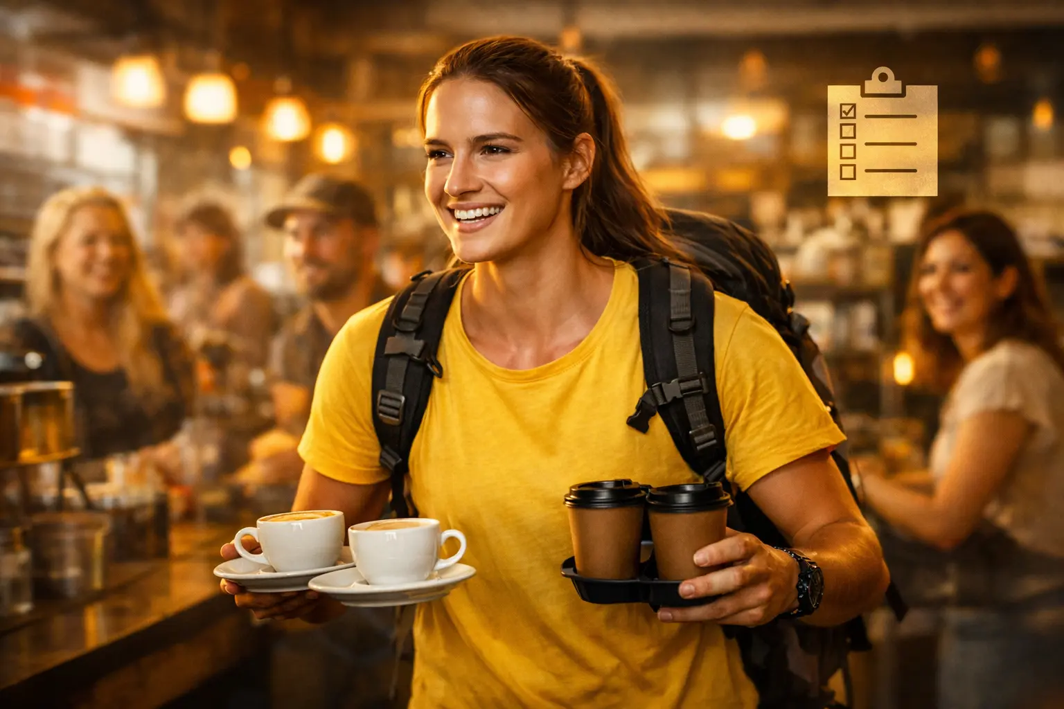 backpacker confidently carrying coffee during a trial shift in a busy Australian cafe with warm lighting and customers in background