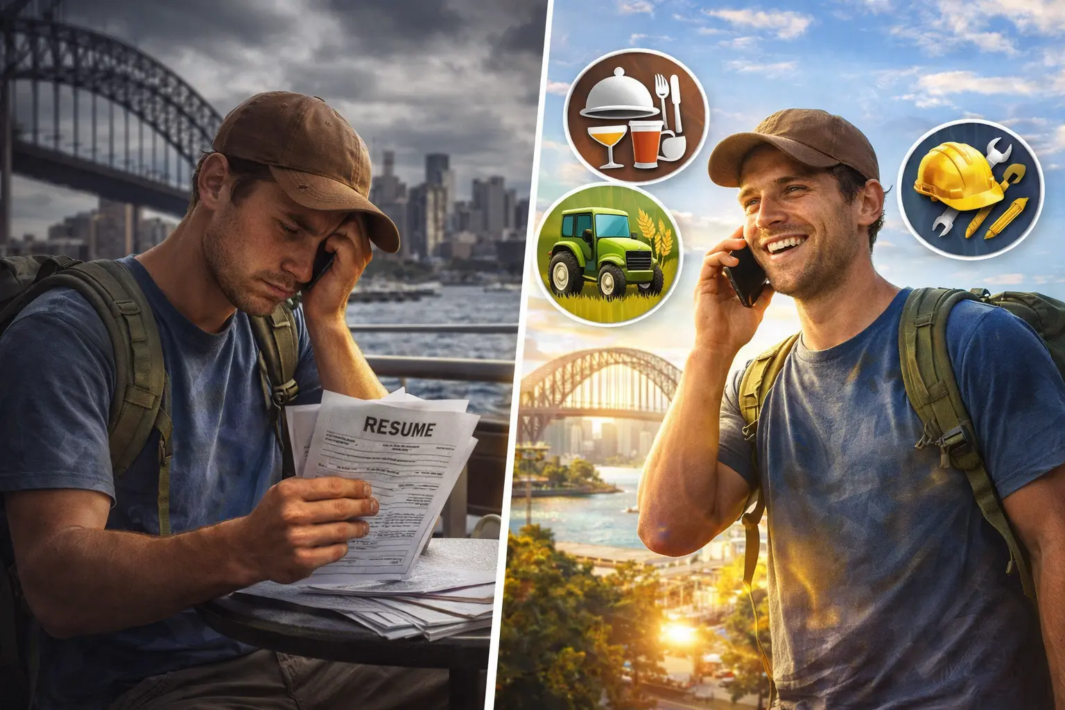 Split scene of a backpacker in Australia, frustrated while holding CVs on one side and happily receiving a job call on a smartphone on the other, with city background and job icon