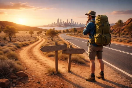 Male backpacker standing at an outback crossroads choosing between a dirt path and a highway leading to a city at sunset