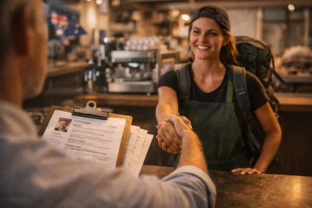 Female backpacker shaking hands with employer across a café counter while resumes are reviewed, warm sunlight and Australian setting in background