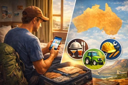Backpacker sitting in a hostel room with an open suitcase, checking job opportunities on a smartphone, with Australia map and work icons in the background