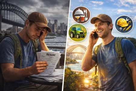 Split scene of a backpacker in Australia, frustrated while holding CVs on one side and happily receiving a job call on a smartphone on the other, with city background and job icon
